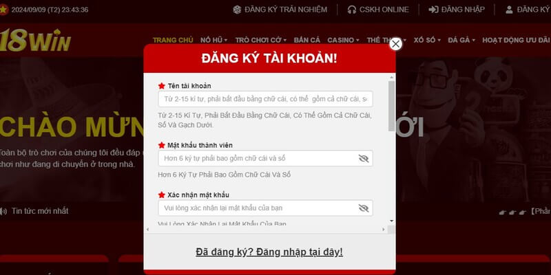 Đăng ký tài khoản 18win với các thông tin cơ bản